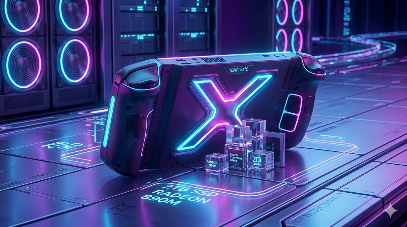 A high-end 16:9 3D render of the Lenovo Legion Go 2 featuring a futuristic neon shine aesthetic. The image showcases technical labels for the Ryzen Z2 Extreme chip, Radeon 890M graphics, and 2TB SSD, emphasizing the premium hardware driving the 2026 price surge.