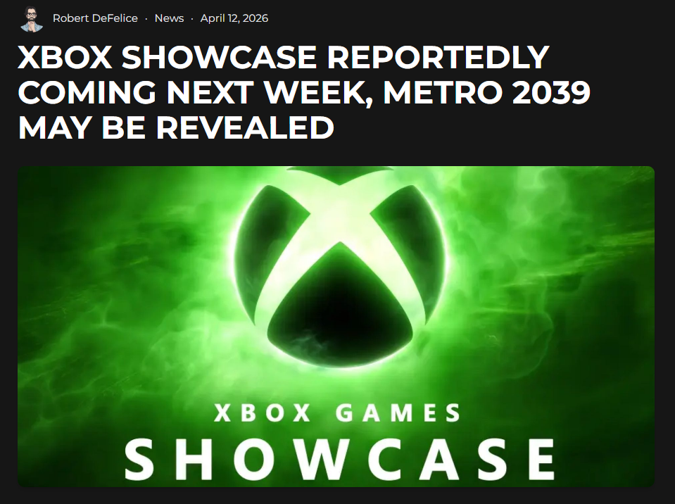 A custom neon-style promotional graphic for the Xbox Games Showcase on April 16. It features a glowing green Xbox sphere and an orange neon gas mask icon, signifying the official look at the next Metro installment in a 16:9 cinematic format.