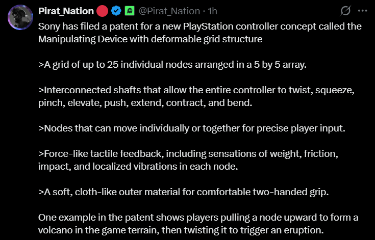 A viral social media post detailing a 2026 Sony PlayStation patent for a "Manipulating Device" featuring a deformable $5 \times 5$ node grid. The post highlights haptic features like twisting, squeezing, and localized vibrations, along with a "volcano eruption" gameplay example.