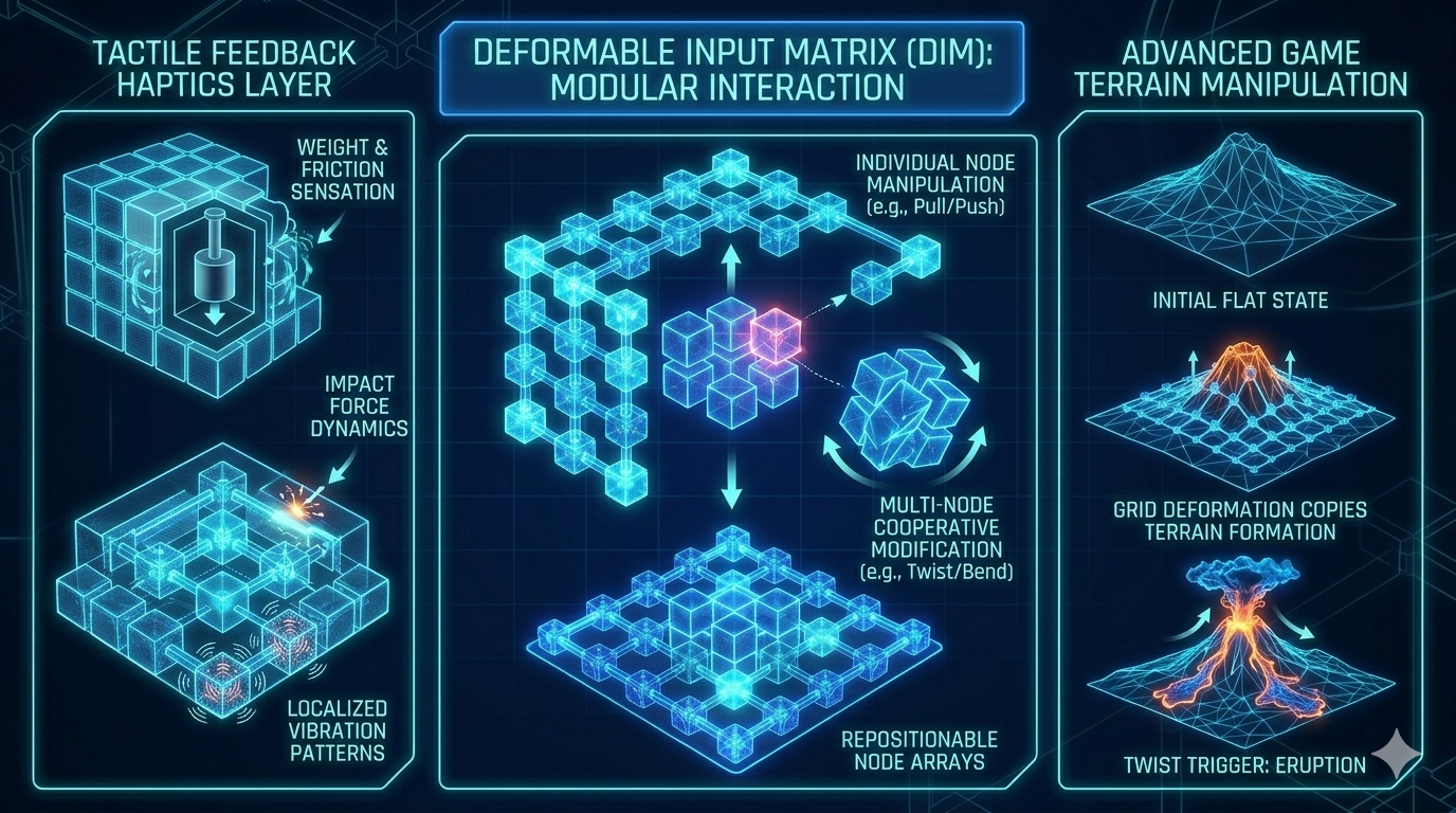 A neon-styled technical infographic illustrating the "Deformable Input Matrix (DIM)." It visualizes the $5 \times 5$ node array, tactile feedback layers for friction and weight simulation, and a step-by-step breakdown of 3D terrain manipulation for in-game mechanics.