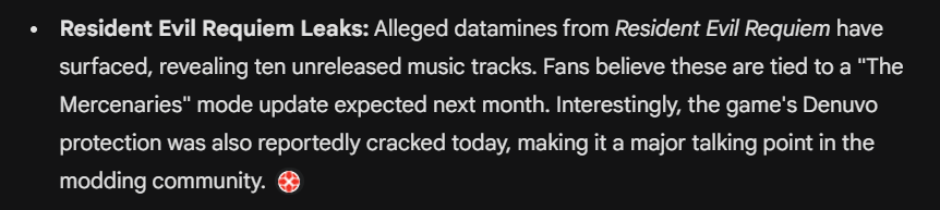 A news bullet point detailing the latest Resident Evil Requiem (RE9) leaks, including a major datamine of ten unreleased music tracks for "The Mercenaries" mode and the recent Denuvo protection crack.