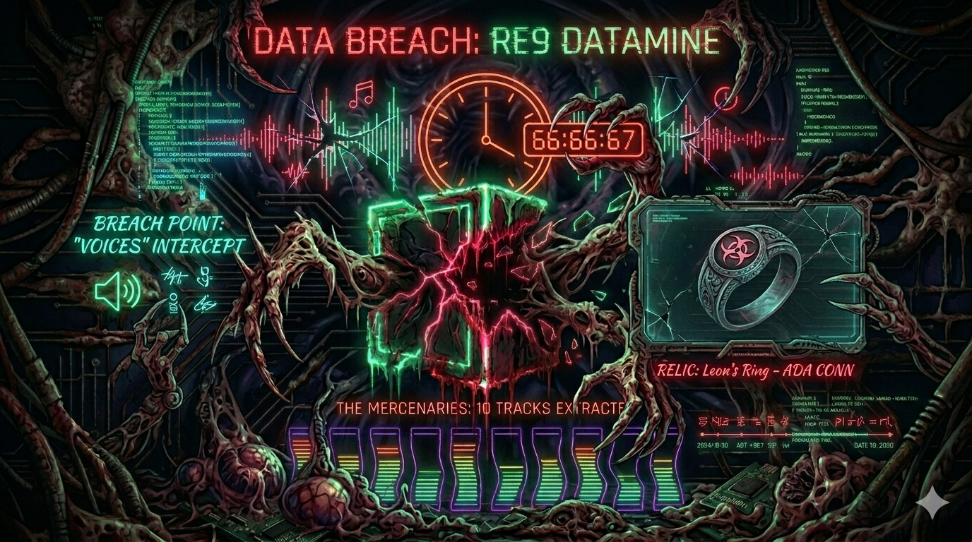 A horrific, neon-styled digital art piece representing the Resident Evil Requiem data breach. It features biomechanical claws, a biohazard-engraved ring, and digital sound waves on a dark, organic background, symbolizing the "Voices" group's technical intercept of game files.