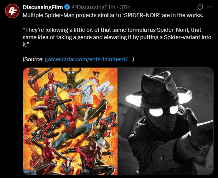 A screenshot of a social media post from DiscussingFilm stating that multiple Spider-Man projects similar to "Spider-Noir" are in development. The image features a vibrant comic book collage of various Spider-variants alongside a gritty, black-and-white live-action shot of Nicolas Cage as Spider-Man Noir.