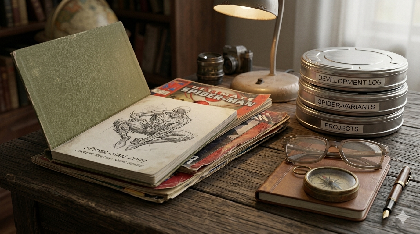 A realistic, high-angle shot of a rustic wooden desk containing Spider-Man memorabilia. An open sketchbook displays a concept drawing of Spider-Man 2099, resting on a stack of vintage "Ultimate Spider-Man" comics. Beside them are silver film canisters labeled "Spider-Variants" and "Projects," along with reading glasses and a leather journal.