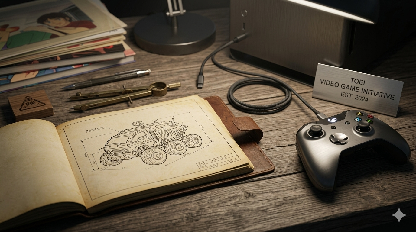 A conceptual look at the creative process for Toei Animation's new video game projects, blending traditional animation sketches with modern gaming peripherals.