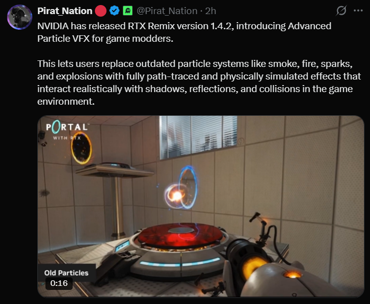A side-by-side gameplay screenshot from Portal with RTX. It demonstrates the "Advanced Particle VFX" update, showing a high-fidelity energy orb with realistic light emission and path-traced reflections compared to the original 2007 particle system.