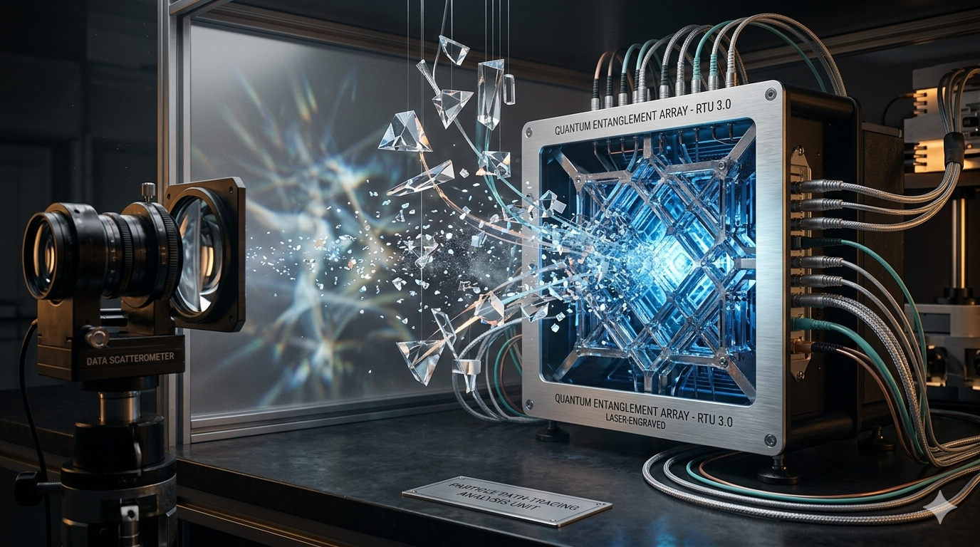 A realistic, cinematic conceptual image of a "Particle Path-Tracing Analysis Unit." The visual features a complex glass and metal apparatus simulating light particles scattering through crystal structures, representing the technical complexity of real-time ray tracing.